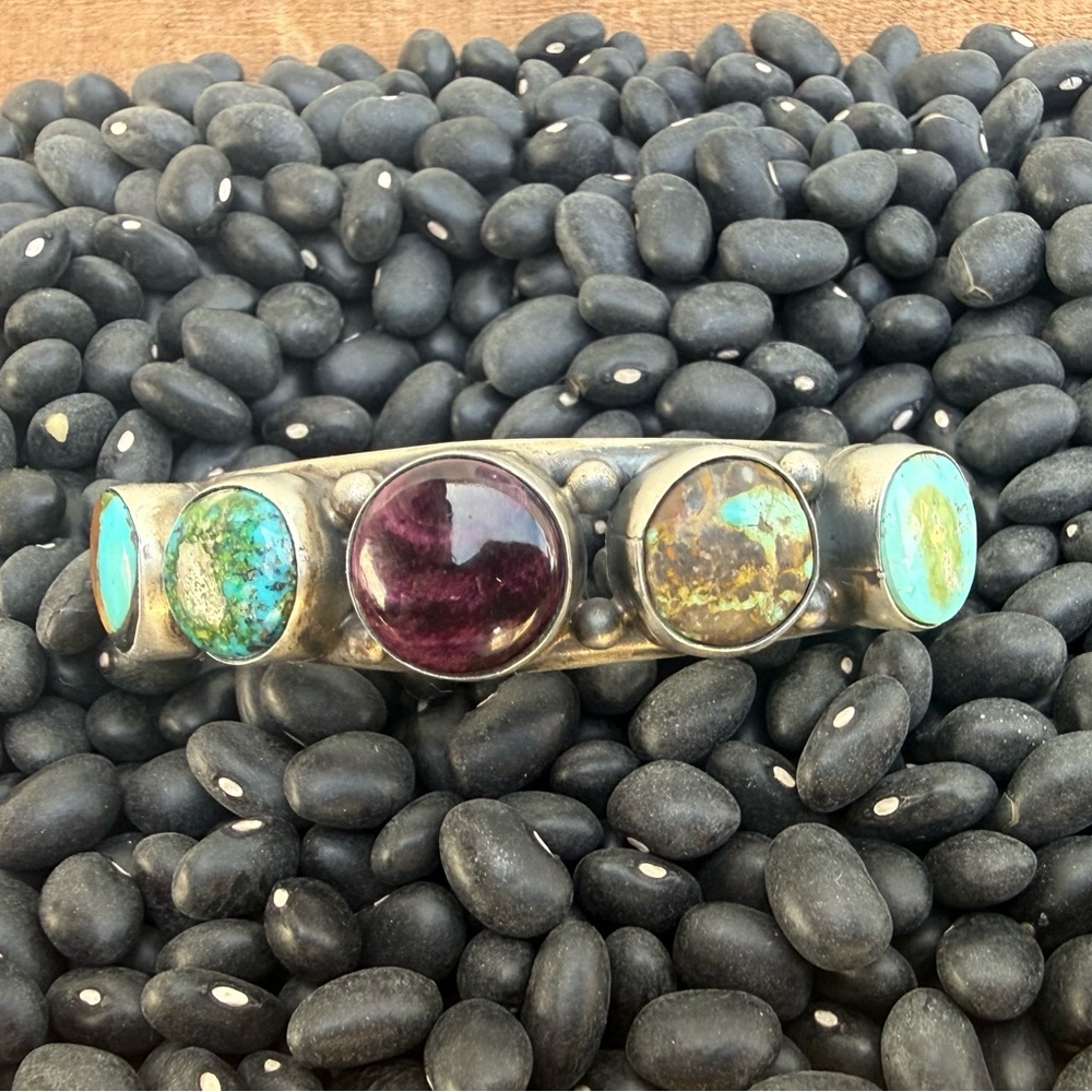 Handcrafted Multi-Stone Silver Cuff Bracelet - Tu… - image 1